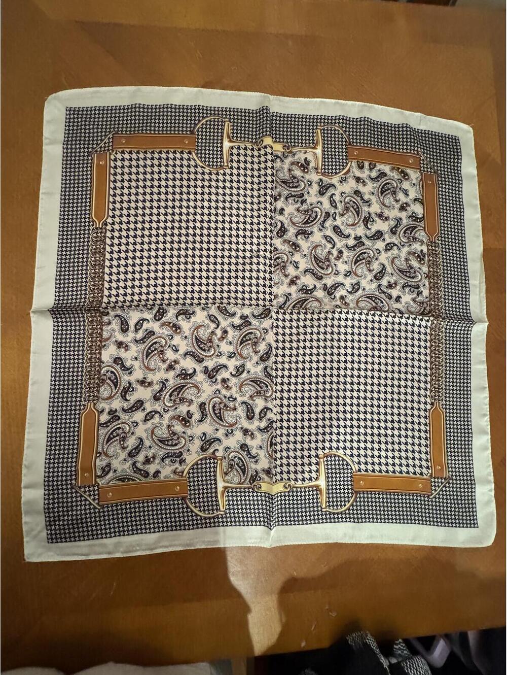 Vintage Patterned Square Scarf with Paisley and Houndstooth Design 114